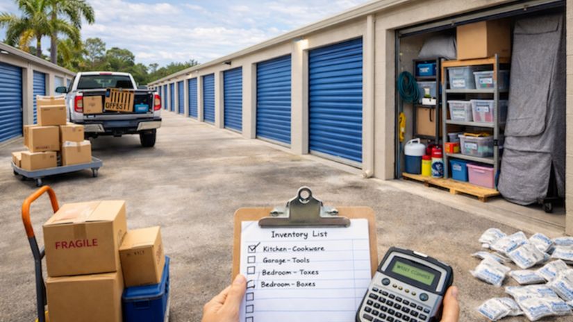 Drive-up self-storage facility with blue roll-up doors, a pickup truck being unloaded with moving boxes, a hand truck with labeled boxes, and a person holding an inventory checklist and label maker.