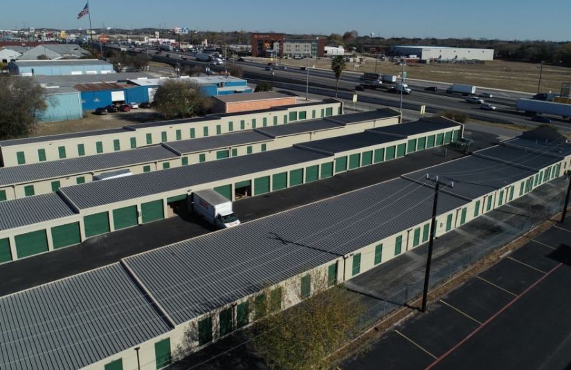 Rows of drive-up storage units viewed from the air.