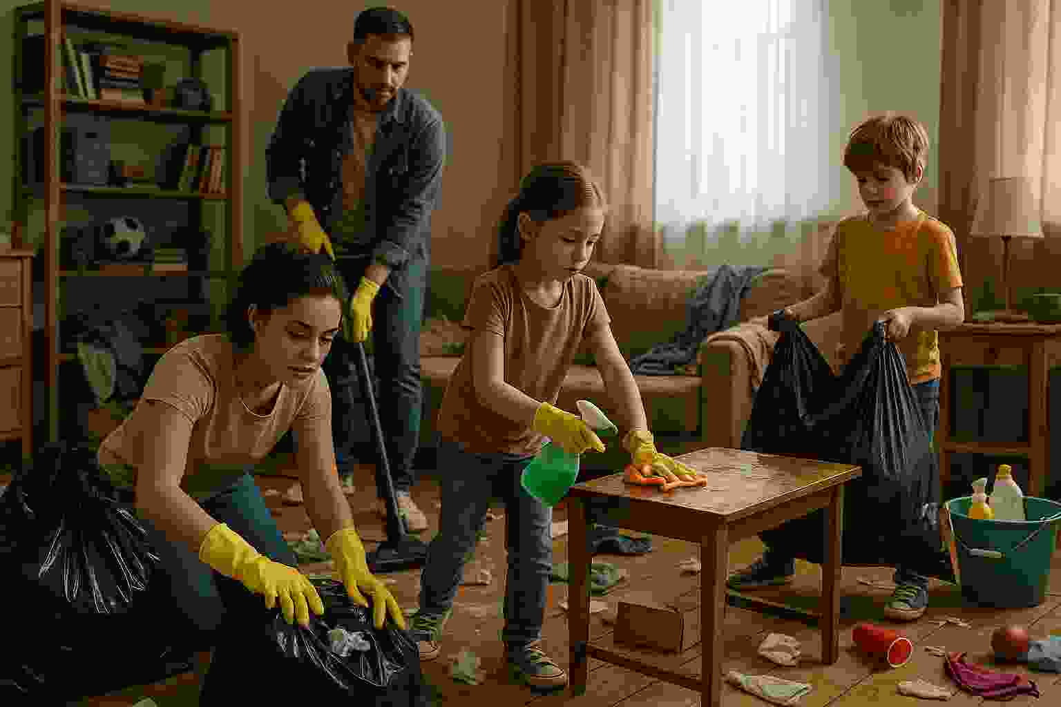 This image shows a family cleaning up a cluttered living room.