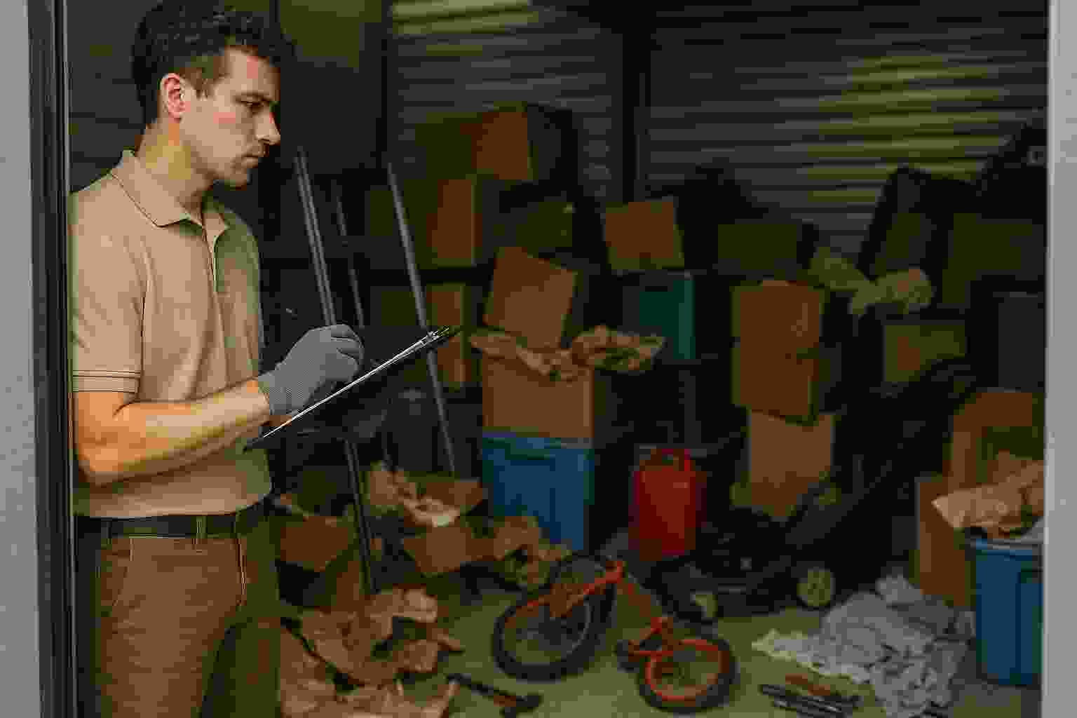 The image shows a self storage employee taking inventory of a self storage unit following a theft.