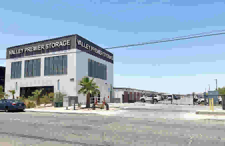The front office of the Valley Premier Storage building. The gated entrance is also visible.