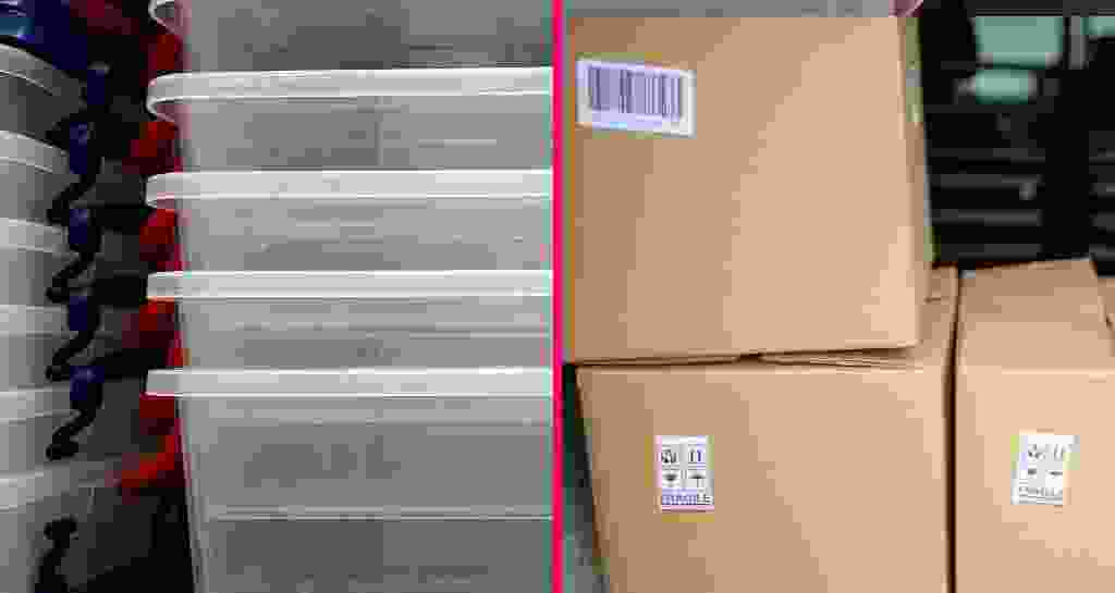 An image divided in half by a pink line. On the left side of the image is a stack of plastic bins. On the right side, a pile of cardboard boxes.