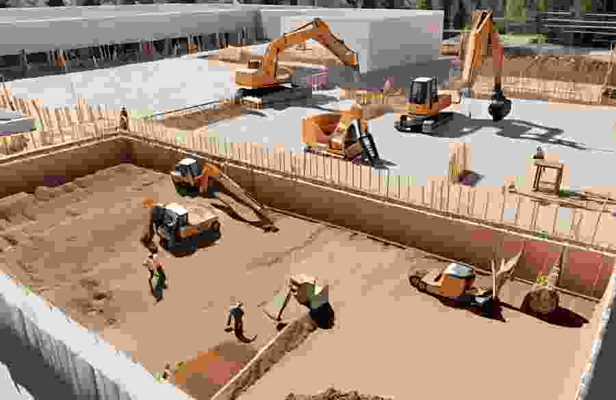 The image shows a construction site in progress, the site has workers actively digging using machinery as well as handheld tools.