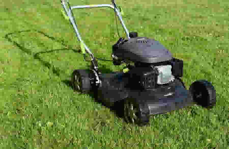 A lawnmower on a bed of green grass.