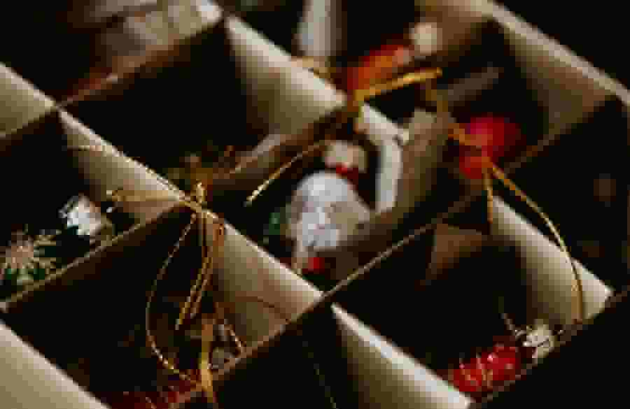 A box of holiday ornaments.