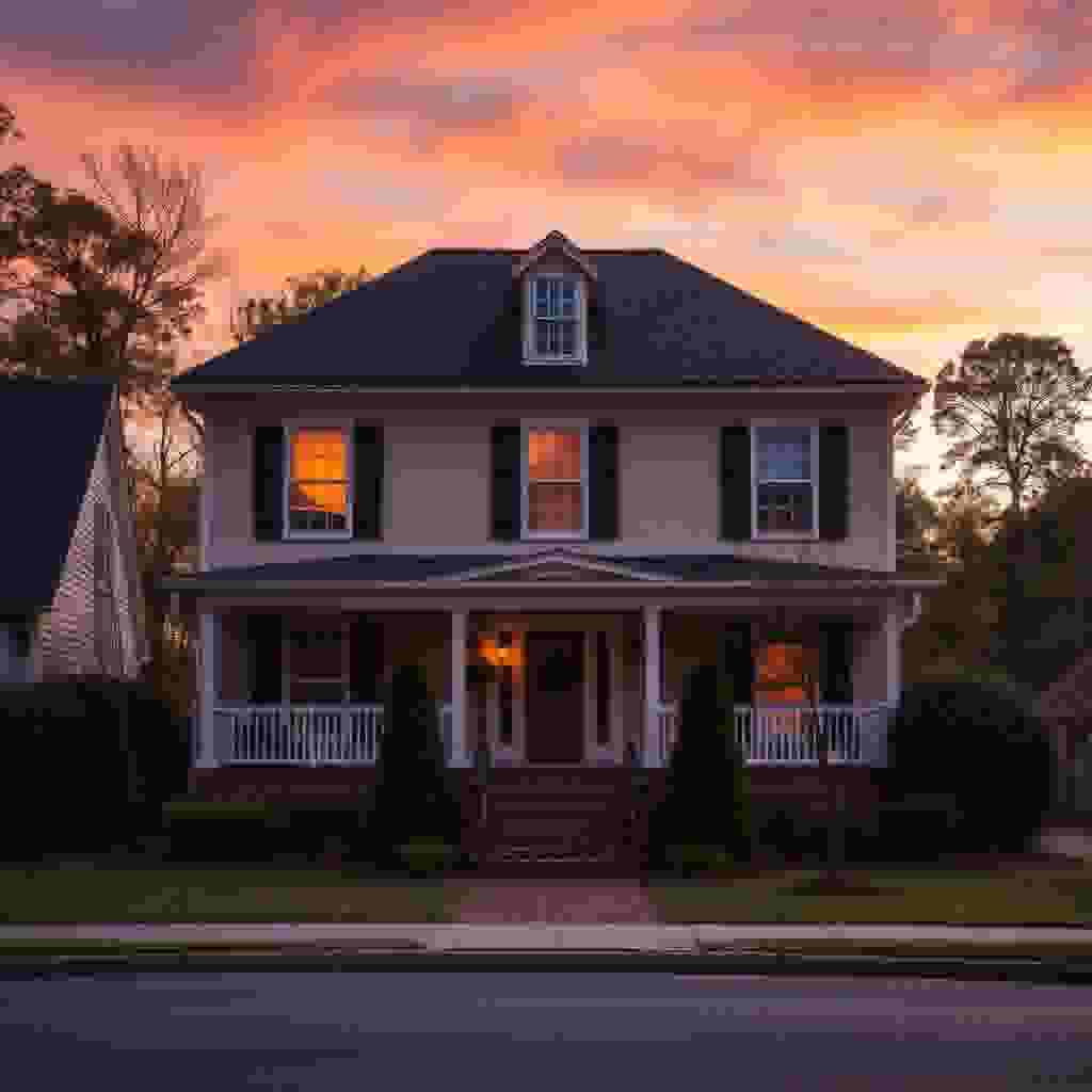 Colonial-style house at sunset with a warm glow emanating from the windows, featuring a symmetrical façade, white siding, black shutters, and a welcoming front porch with stairs leading to a brick walkway surrounded by a well-manicured lawn and shrubs.