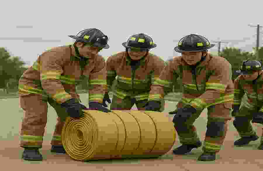 This image shows a group of firefighters rolling up a fire hose.
