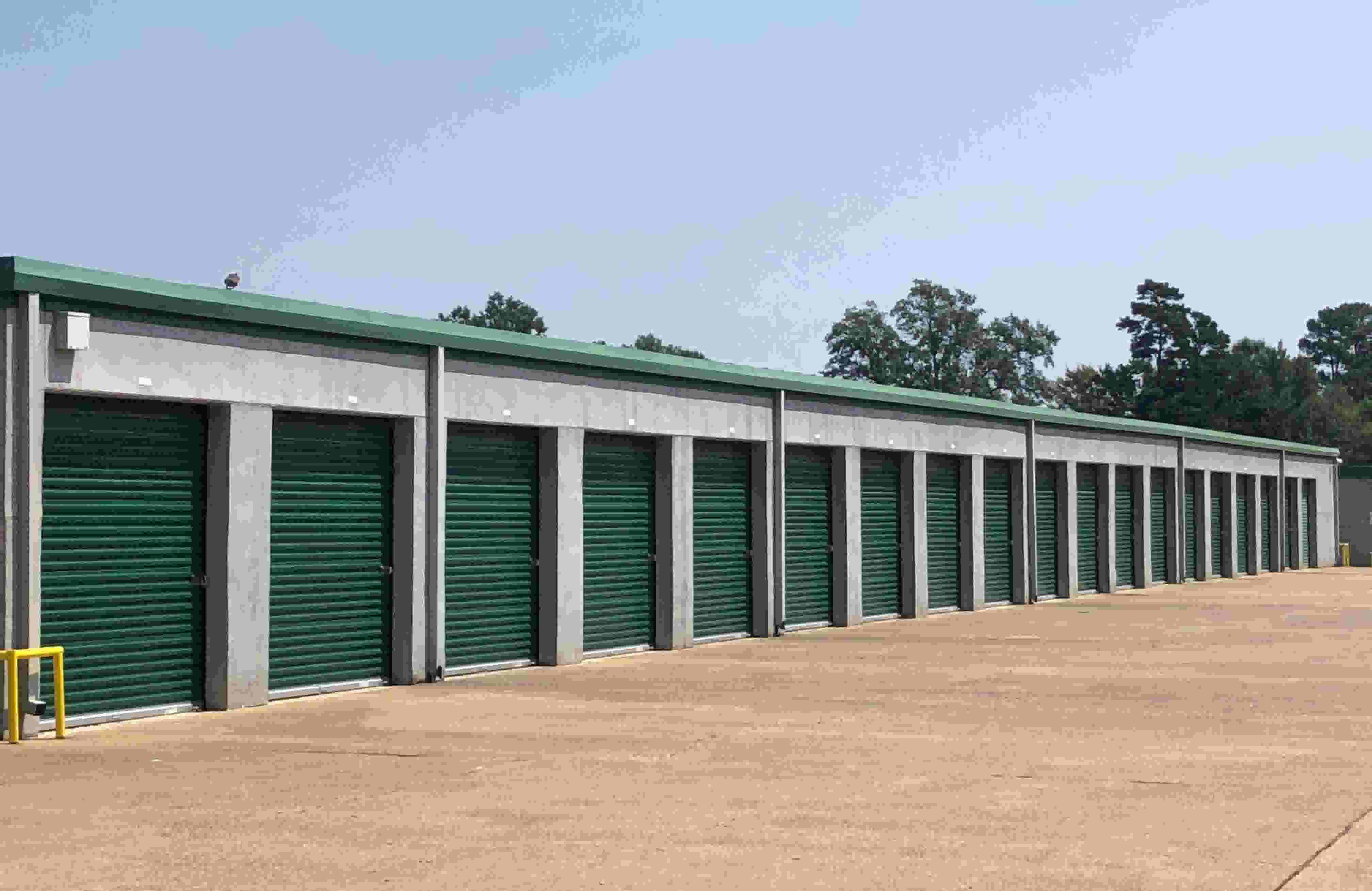 A row of drive-up storage units.