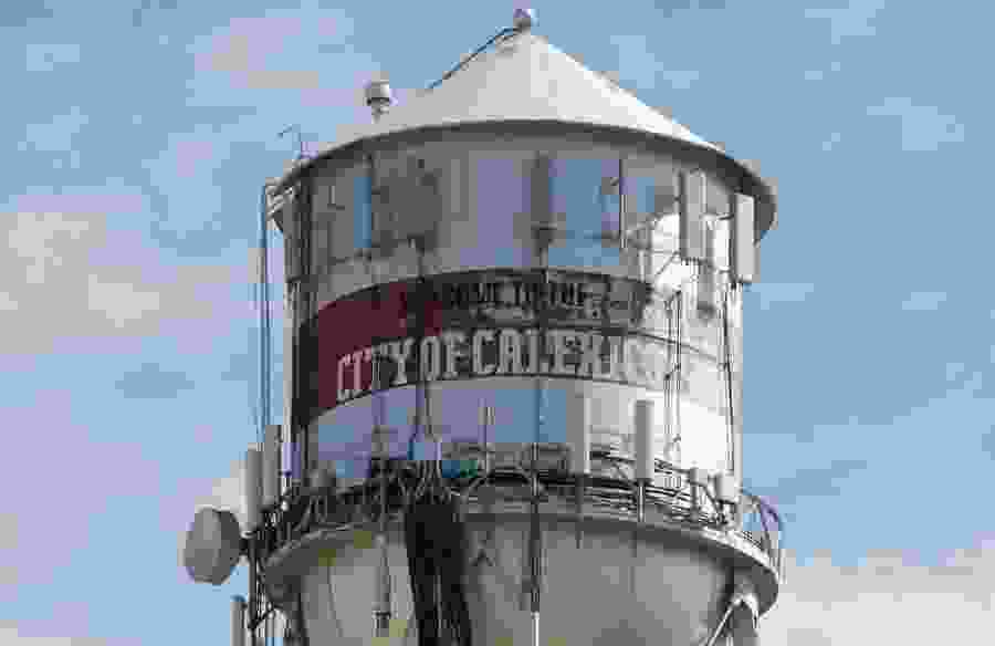 The Calexico water tower, painted with "Welcome to the City of Calexico."