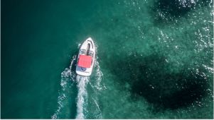 red boat on green blue water