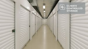 Climate-controlled storage hallway with white roll-up doors and a modern badge overlay at Store at Pittman's