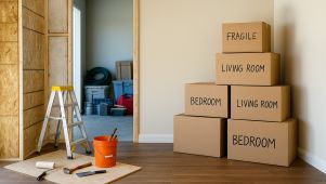Stacked packing boxes beside an unfinished wall during a home remodel
