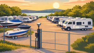 Secure boat and RV storage lot near Skiatook Lake with gated entry, security camera, and organized outdoor parking spaces at sunset.