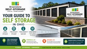 Brownstone Self Storage 16:9 header banner featuring the company logo, photos of climate-controlled and drive-up storage units in Peninsula and Defiance, Ohio, and the headline “Your Guide to Self Storage in Ohio” with icons highlighting secure access, climate control, and flexible month-to-month rentals.