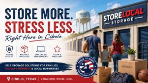 Modern promotional banner for StoreLocal Storage Cibolo in Cibolo, Texas featuring a clean self-storage facility, a family carrying moving boxes, military-friendly messaging, secure storage icons, and bold text highlighting convenient, secure, and flexible storage solutions for local residents, businesses, and military families.