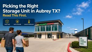 Modern Lockaway Storage facility in Aubrey TX with customers carrying moving boxes near secure drive-up and climate controlled storage units under a clear blue sky