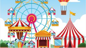red white blue yellow brown and other bright colors in the shapes of amusement areas on a fairground