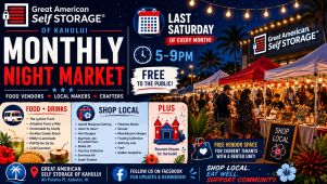 The image shows a poster for Great American Self Storage's Monthly Night Market.