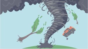 hurricane grpahic with tree and orange car