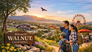 Scenic sunset view of Walnut, California with surrounding hills, Mt. San Antonio College, and Cal Poly Pomona in the background