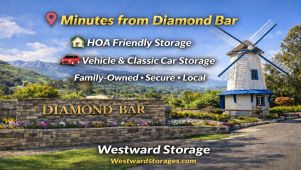 Westward Storage minutes from Diamond Bar CA with Diamond Bar landmark sign and windmill promoting affordable HOA friendly and vehicle storage near the 57 Freeway.