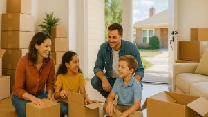 Family unpacking boxes family unpacking after moving to Texarkana TX