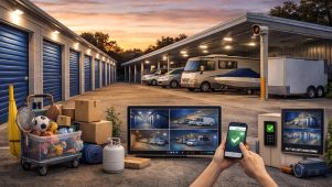 Self Storage Skiatook, OK featured image showing climate-controlled indoor units, smart keyless entry via smartphone, and boat & RV parking, with callouts for 24/7 security monitoring.