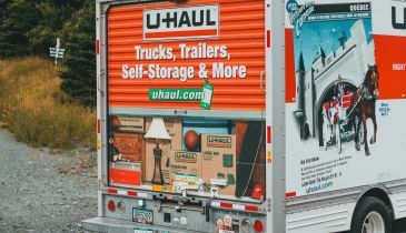 A U-Haul truck as seen from the back.