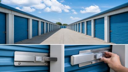 Wide-angle view of a drive-up self-storage facility with blue doors, featuring detailed close-ups of a secure electronic storage lock on a unit.