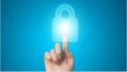 hand on digital lock with blue background