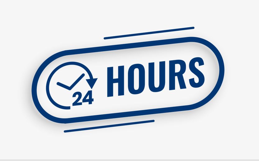 graphic of blue writing 24 Hours on a white background
