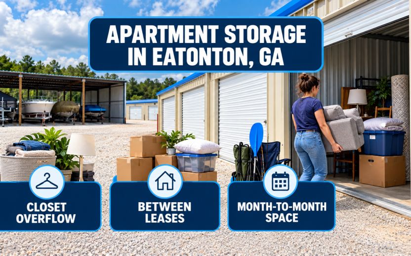 Apartment storage infographic for Eatonton renters managing closet overflow, lease gaps, furniture, boxes, and seasonal gear.
