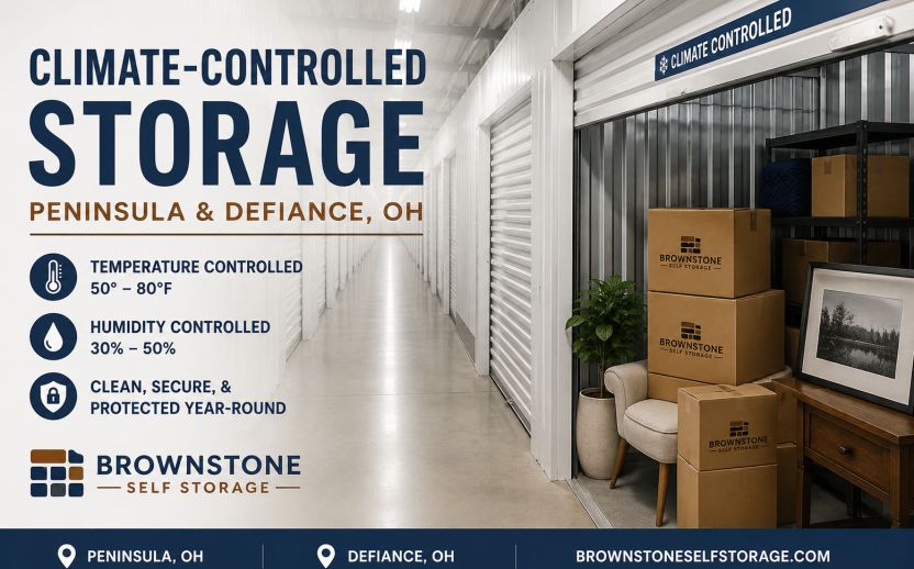 Climate-controlled storage units at Brownstone Self Storage in Peninsula and Defiance, Ohio, featuring temperature-controlled indoor hallways and secure storage spaces for furniture, electronics, documents, and valuables.