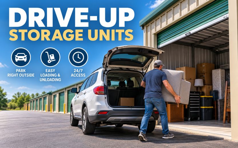 Man unloading an armchair from an SUV into a drive-up storage unit, highlighting convenient vehicle access, easy loading and unloading, and 24/7 access.