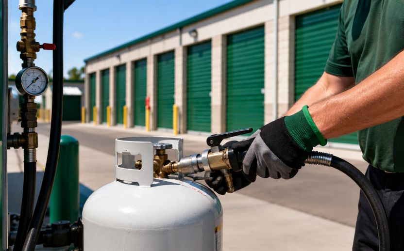 Propane tank refill service at a modern self-storage facility featuring green storage doors and professional refill equipment.