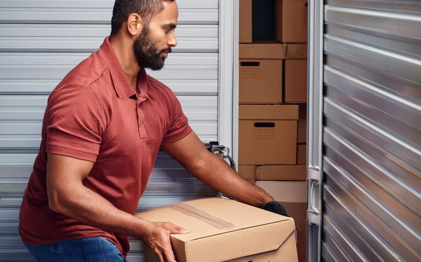 Man carrying boxes into a storage unit for long-term storage.
