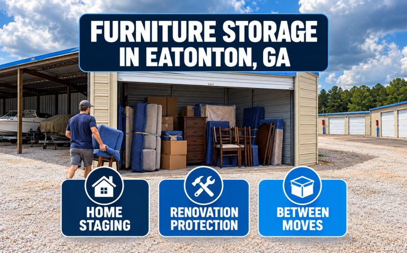 Furniture storage infographic for Eatonton homeowners staging a house, renovating, or protecting furniture between local moves.