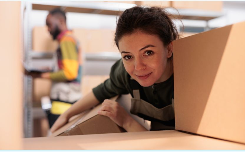 lady looking between storage boxes with friend in yellow behind