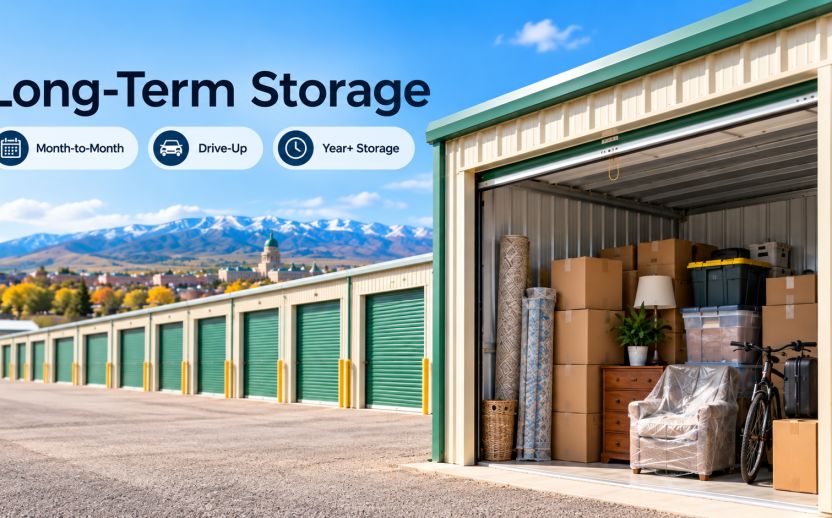 Long-term storage unit in Cheyenne with labeled household boxes, wrapped furniture, seasonal belongings, and a bicycle stored in a drive-up unit for extended moves, deployment, or year-round