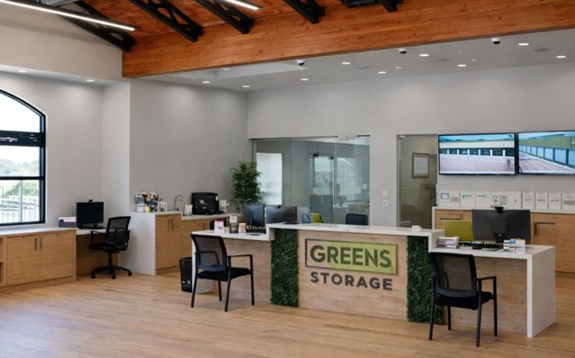 Modern business center offering workspace and office amenities inside a self-storage facility