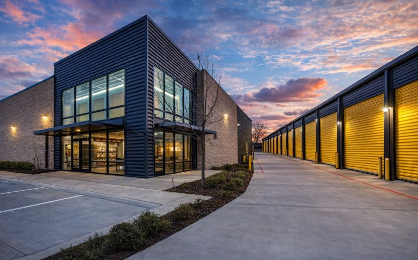 Modern storage units at sunset