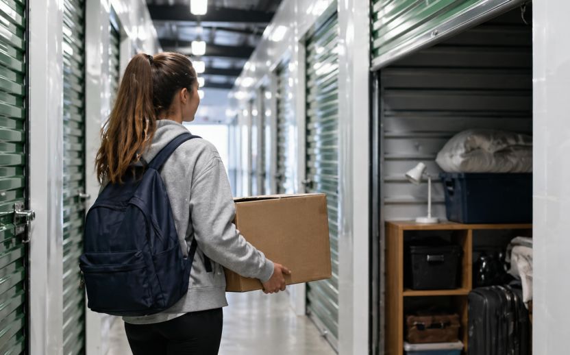 Student walking through a clean indoor storage facility hallway carrying a box, with organized storage units on both sides and a partially open unit showing stored belongings