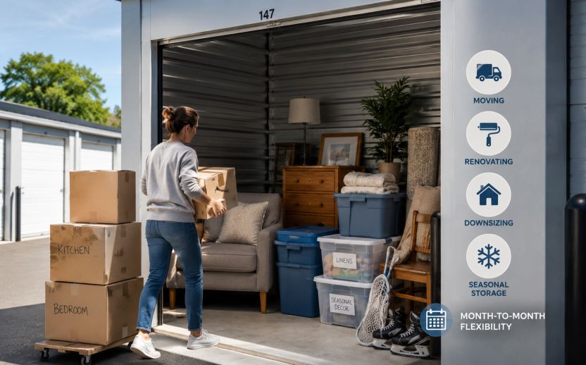 Packing and organizing in storage unit at Lakestone storage facility