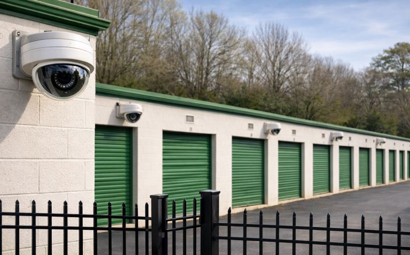 Self storage facility with green roll-up doors and exterior security cameras monitoring fenced units