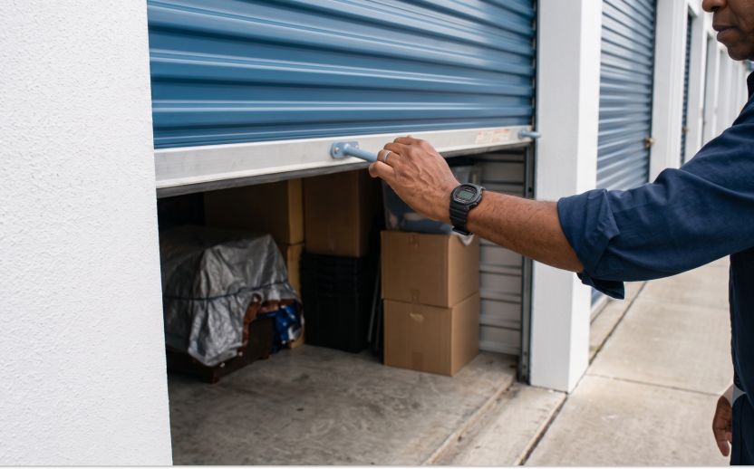 man's hand rolling up his blue storage unit door with white walls around the units