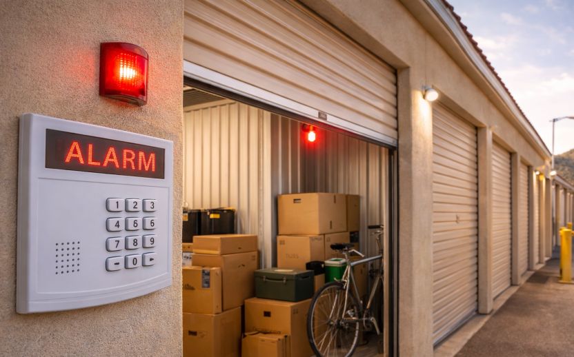 Secure alarmed storage unit with keypad entry and individual unit alarm system at modern facility