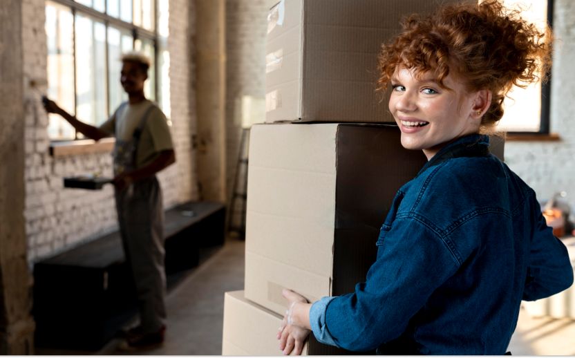 woman holding storage boxes with friend behind painting