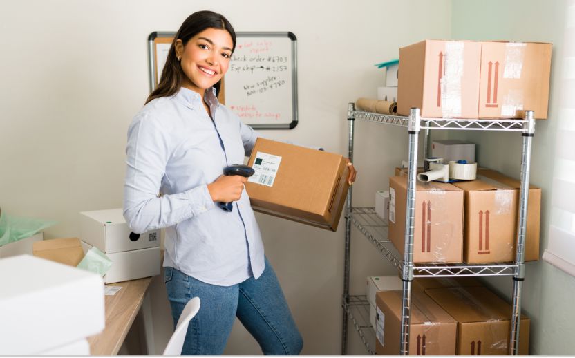 woman wearing blue standing in an office scanning storage boxes