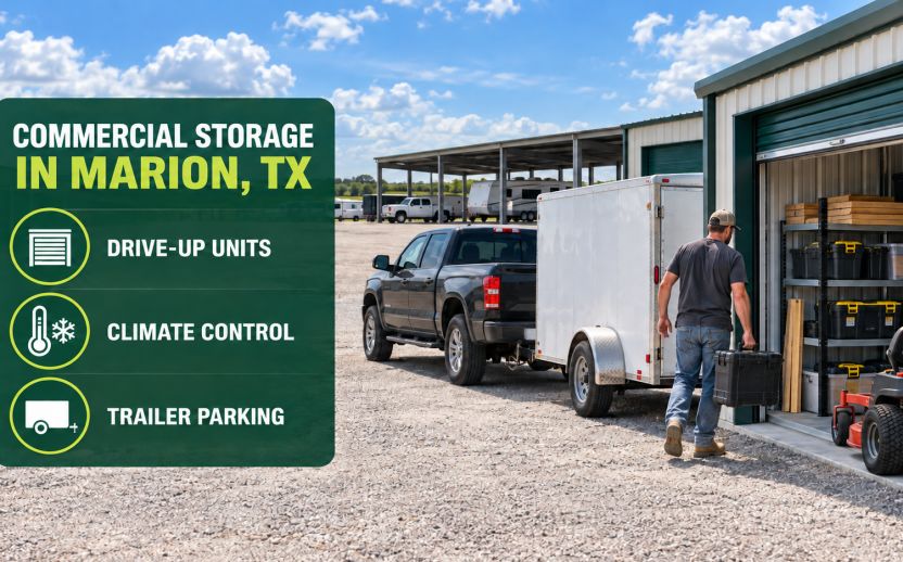 Contractor loads tools beside drive-up storage and trailer parking at Backyard Storage in Marion, TX, with climate control.