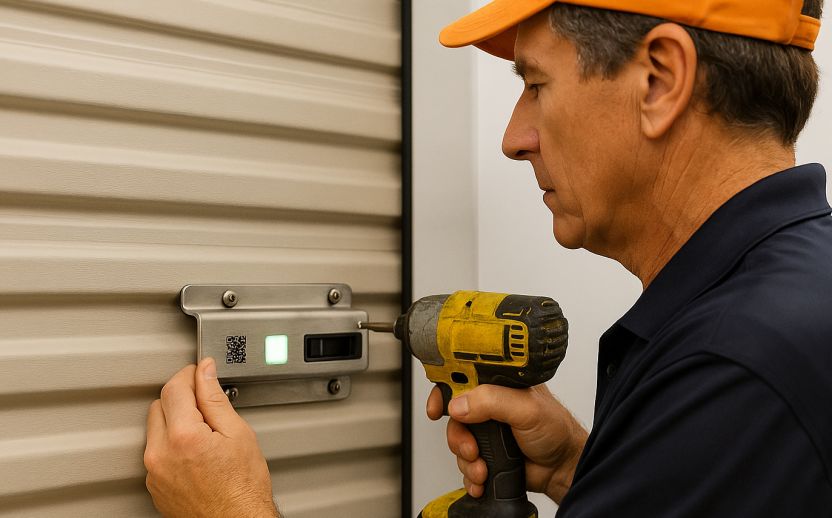 The image shows a smart lock being installed at a self storage facility.